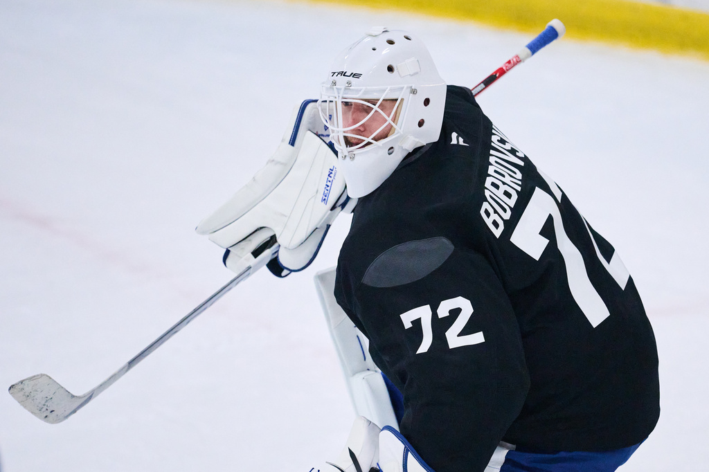 Toronto Maple Leafs goaltender Sergei Bobrovsky (72) practices during the NHL hockey team's training camp in Toronto, Thursday, Sept. 17, 2026. (Sammy Kogan/The Canadian Press via AP)