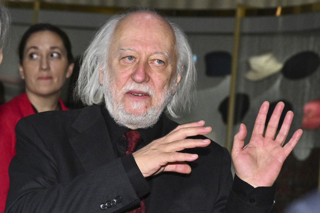 László Krasznahorkai, laureate in literature, speaks during the signing of the Nobel chair at the Nobel Museum in Stockholm, Sweden, Saturday, Dec. 6, 2025. (Claudio Bresciani/TT News Agency via AP)