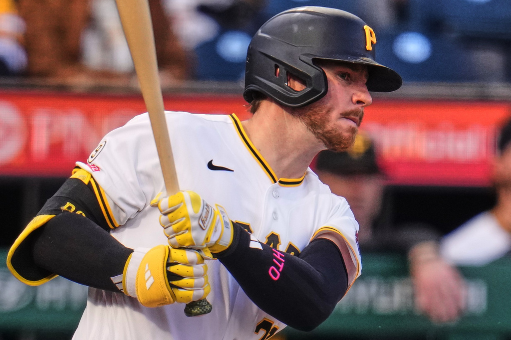 Pittsburgh Pirates' Ryan O'Hearn doubles off Colorado Rockies pitcher Jose Quintana during the second inning of a baseball game in Pittsburgh, Wednesday, May 13, 2026. (AP Photo/Gene J. Puskar)