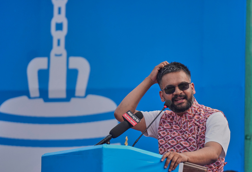 Rapper-turned-politician Balendra Shah, Prime ministerial candidate of the Rastriya Swatantra Party addresses his supporters during an election campaign rally in Chitwan, about 112 miles (180 kilometers) west of Kathmandu, Nepal, Friday, Feb. 27, 2026. (AP Photo/Niranjan Shrestha)