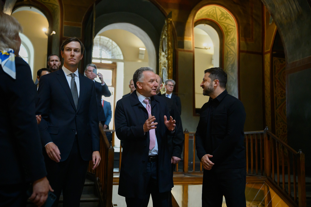 In this photo provided by the Ukrainian Presidential Press Office, Ukrainian President Volodymyr Zelenskyy, right, and U.S. President Donald Trump's envoys Jared Kushner and Steve Witkoff, center, look around St. Sophia's Cathedral prior to talks in Kyiv, Ukraine, Sunday, Sept. 6, 2026. (Ukrainian Presidential Press Office via AP)