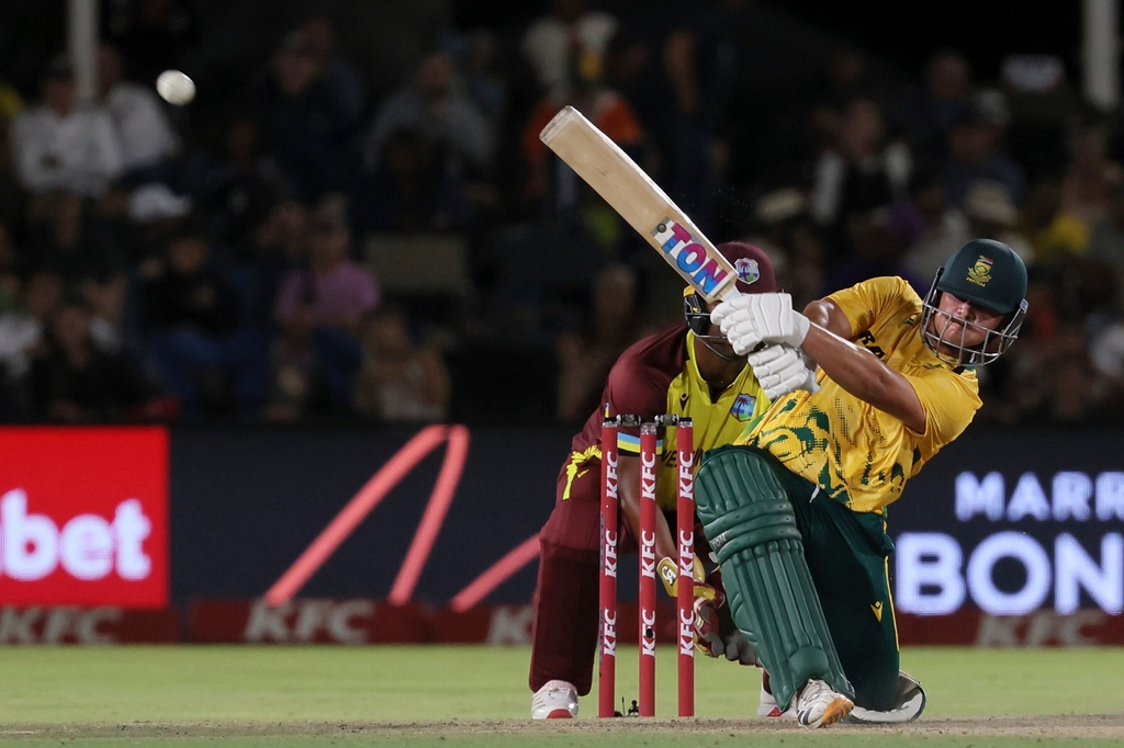 South Africa's batsman Lhuan-dre Pretorius plays a shot during the T20 International cricket match between South Africa and West Indies, in Paarl, South Africa, Tuesday, Jan. 27, 2026. (AP Photo/Halden Krog)