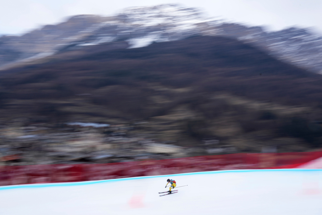 FILE - An athlete competes during the women's sprint race at the Ski Mountaineering World Cup event in Bormio, Italy, Saturday, Feb. 22, 2025. (AP Photo/Antonio Calanni, File)