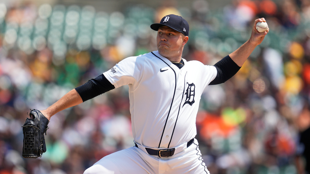 Detroit Tigers pitcher Tarik Skubal throws against the Baltimore Orioles during the first inning of a baseball game Wednesday, July 29, 2026, in Detroit. (AP Photo/Paul Sancya)