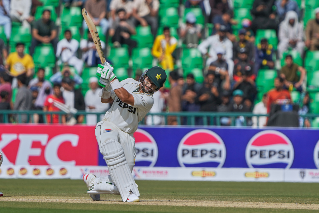 Pakistan's Imam-ul-Haq bats during the first day of of first test cricket match between Pakistan and South Africa, in Lahore, Pakistan, Sunday, Oct. 12, 2025. (AP Photo/K.M. Chaudary)