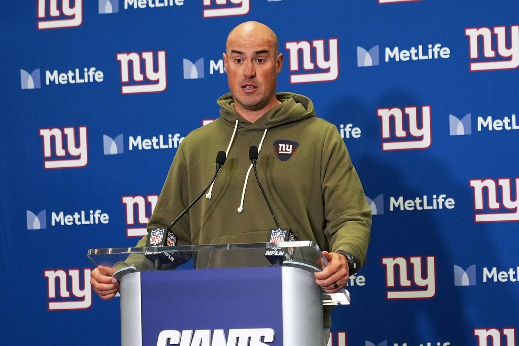 New York Giants interim head coach Mike Kafka talks after an NFL football game against the Green Bay Packers Sunday, Nov. 16, 2025, in East Rutherford, N.J. (AP Photo/Frank Franklin II)
