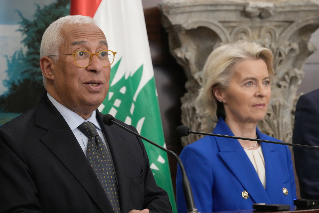 European Council President Antonio Costa, left, reads a statement next of the European Commission President Ursula von der Leyen, at the presidential palace in Baabda, east of Beirut, Lebanon, Friday, Jan. 9, 2026. (AP Photo/Hussein Malla)