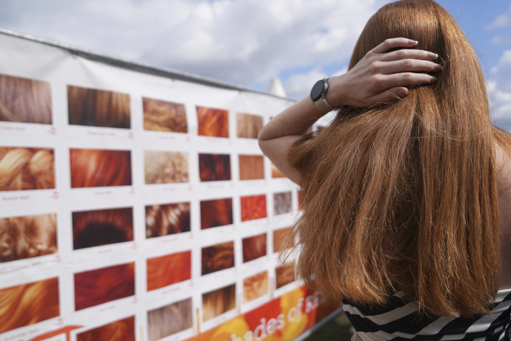 A participant checks her hair color on a chart of gradations of red during the Red Head Days festival in Tilburg, Netherlands, Saturday, Aug. 30, 2025. (AP Photo/Virginia Mayo)