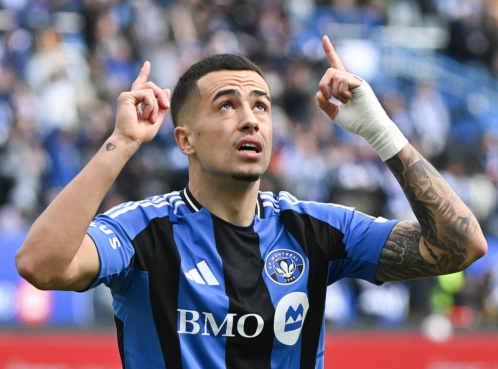 CF Montreal's Ivan Jaime (10) reacts after scoring against the Philadelphia Union during the first half of an MLS soccer game in Montreal, Saturday, April 11, 2026. (Graham Hughes/The Canadian Press via AP)