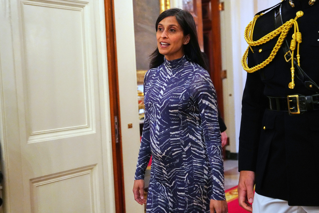 FILE - Second lady Usha Vance arrives at a women's history month event in the East Room at the White House, March 12, 2026, in Washington. (AP Photo/Julia Demaree Nikhinson, File)