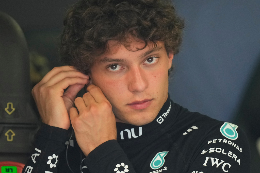 Mercedes driver Andrea Kimi Antonelli of Italy prepares for the second free practice ahead of the Italian Formula One Grand Prix, in Monza, Italy, Friday, Sept. 4, 2026. (AP Photo/Luca Bruno)