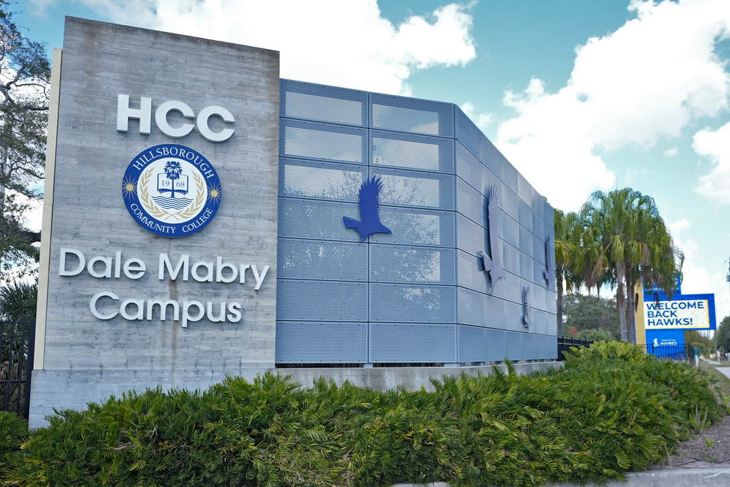 The main sign at Hillsborough Community College is viewed, Friday, Jan. 23, 2026, in Tampa, Fla. (AP Photo/Chris O'Meara)