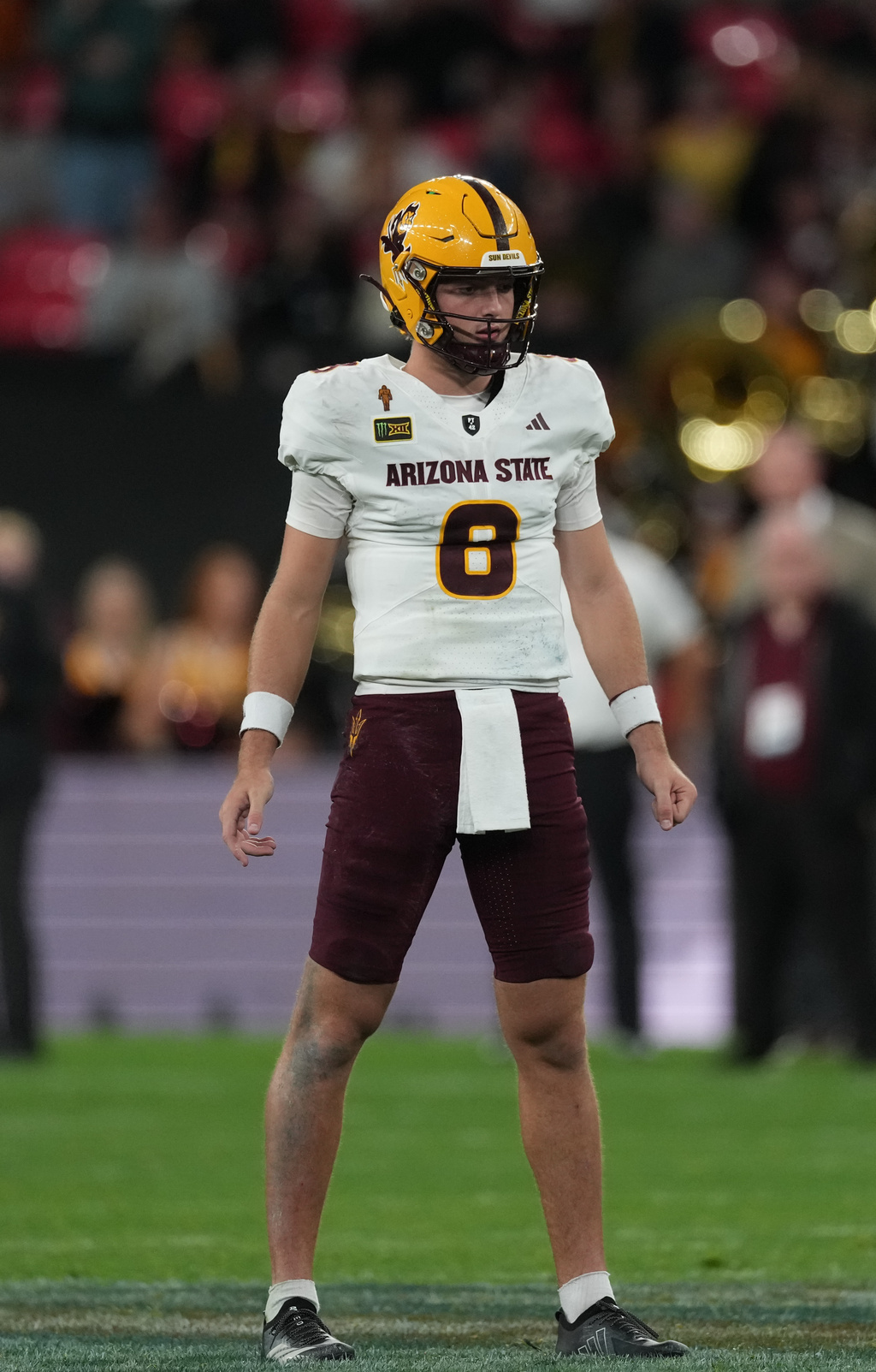 Arizona State quarterback Cutter Boley (8) looks on during an NCAA college football game against Kansas in London, Saturday, Sept. 19, 2026. (AP Photo/Dave Shopland)