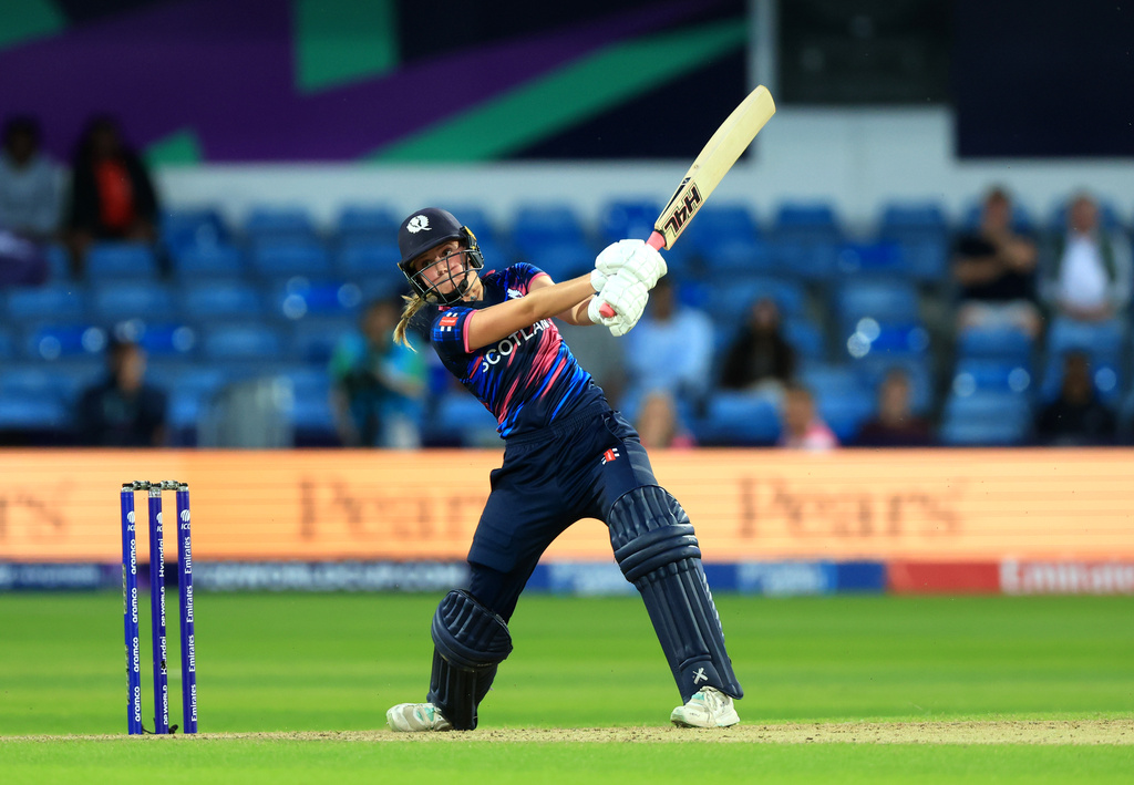 Scotland's Darcey Carter bats during the Women's T20 World Cup match between Scotland and West Indies in Leeds, England, Thursday, June 18, 2026. (Nigel French/PA via AP)