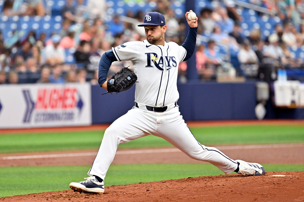 Tampa Bay Rays pitcher Ian Seymour throws during the second inning a baseball game against the Kansas City Royals, Thursday, June 25, 2026, in St. Petersburg, Fla. (AP Photo/Jason Behnken)