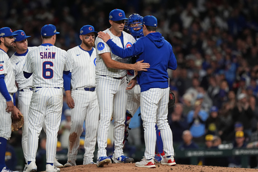 Chicago Cubs manager Craig Counsell acknowledges starting pitcher Matthew Boyd (16) while making a pitching change during the fifth inning of Game 4 of baseball's National League Division Series against the Milwaukee Brewers Thursday, Oct. 9, 2025, in Chicago. (AP Photo/Nam Y. Huh) Chicago Cubs manager Craig Counsell acknowledges starting pitcher Matthew Boyd (16) while making a pitching change during the fifth inning of Game 4 of baseball's National League Division Series against the Milwaukee Brewers Thursday, Oct. 9, 2025, in Chicago. (AP Photo/Nam Y. Huh)