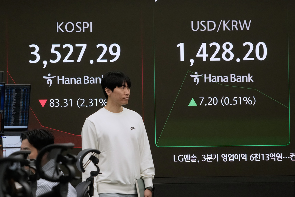 A currency trader passes by a screen showing the Korea Composite Stock Price Index (KOSPI), top left, and the foreign exchange rate between U.S. dollar and South Korean won at the foreign exchange dealing room of the Hana Bank headquarters in Seoul, South Korea, Monday, Oct. 13, 2025. (AP Photo/Ahn Young-joon)