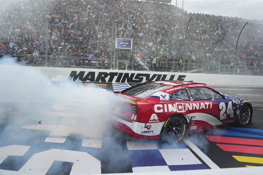 William Byron performs a burnout after winning a NASCAR Cup series auto race in Martinsville, Va., Sunday, Oct. 26, 2025. (AP Photo/Chuck Burton) William Byron performs a burnout after winning a NASCAR Cup series auto race in Martinsville, Va., Sunday, Oct. 26, 2025. (AP Photo/Chuck Burton)
