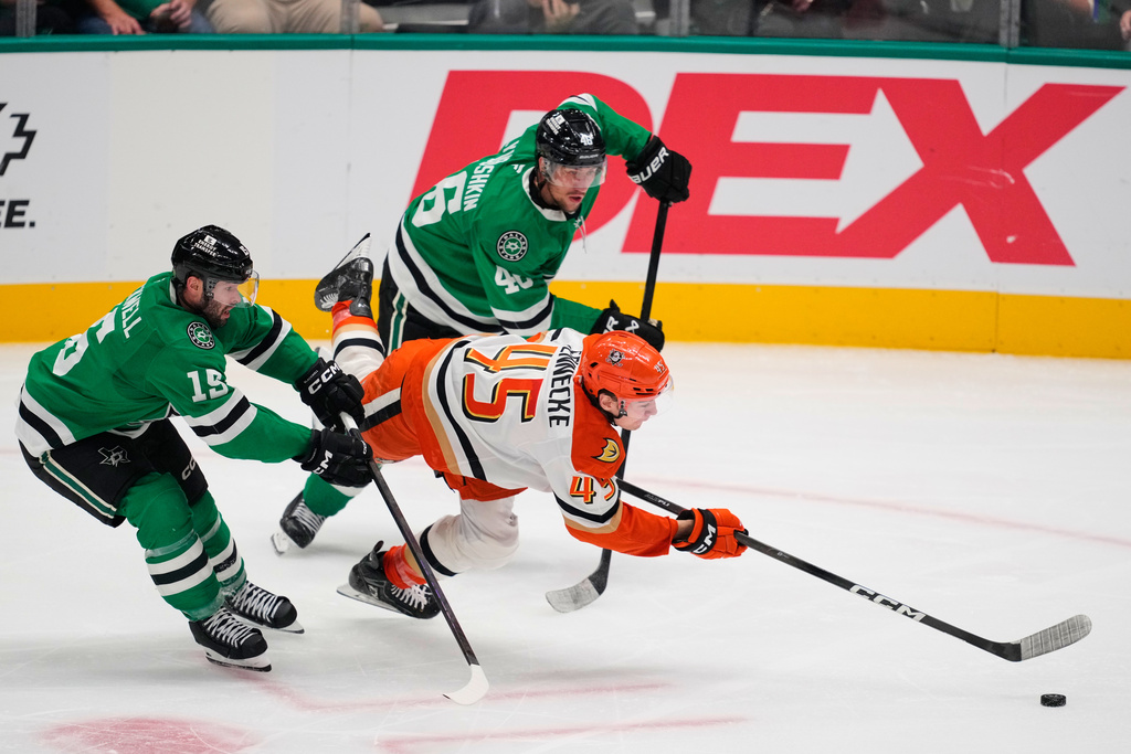 Dallas Stars' Colin Blackwell (15) and Ilya Lyubushkin (46) work against Anaheim Ducks' Beckett Sennecke (45) in the third period of an NHL hockey game Thursday, Nov. 6, 2025, in Dallas. (AP Photo/Tony Gutierrez)