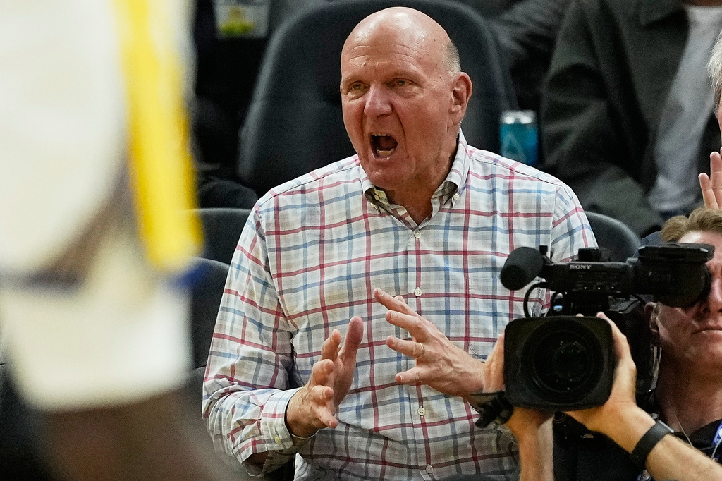 FILE - Los Angeles Clippers owner Steve Ballmer watches an NBA basketball game against the Golden State Warriors in San Francisco, Oct. 28, 2025. (AP Photo/Jeff Chiu, File)