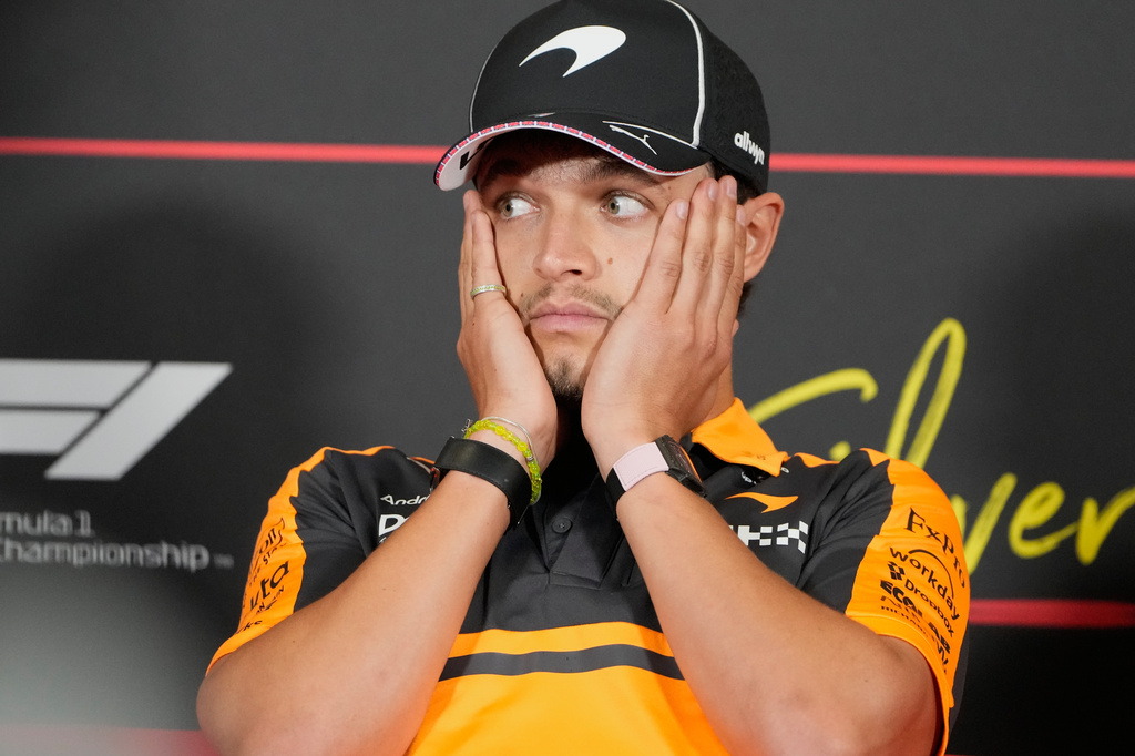 McLaren driver Lando Norris of Britain attends a news conference ahead of the British F1 Grand Prix, in Silverstone, England, Thursday, July 2, 2026. (AP Photo/Darko Bandic)