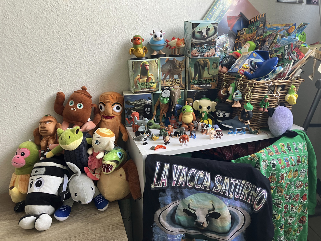 This undated image provided by Fabian Mosele shows Fabian Mosele's collection of toys that were inspired by Italian Brain Rot characters, which went viral in 2025. (Fabian Mosele via The AP)