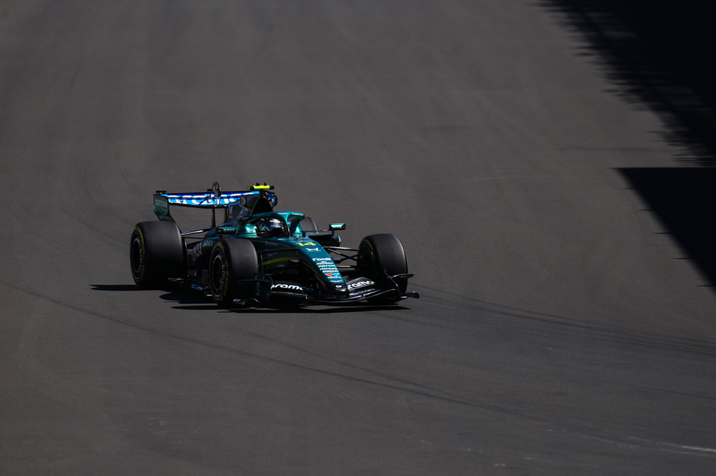 Aston Martin driver Fernando Alonso of Spain steers his car during the first free practice ahead of the Spanish Formula One Grand Prix, in Madrid, Friday, Sept. 11, 2026. (AP Photo/Manu Fernandez)