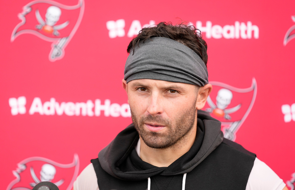 FILE - Tampa Bay Buccaneers quarterback Baker Mayfield during an NFL football practice, Thursday, June 16, 2026, in Tampa, Fla. (AP Photo/Chris O'Meara, File)