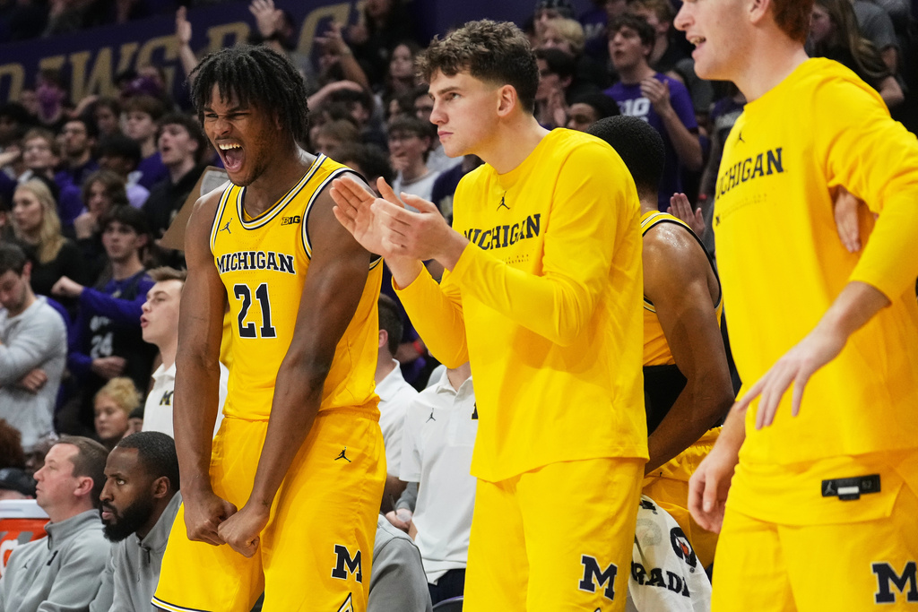 Michigan forward Morez Johnson Jr. (21) celebrates a dunk by teammate Aday Mara against Washington during the second half of an NCAA college basketball game Wednesday, Jan. 14, 2026, in Seattle. (AP Photo/Lindsey Wasson)