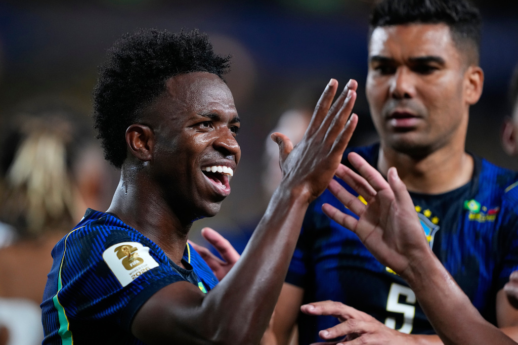 Brazil's Vinicius Junior (7) celebrates after scoring his side's third goal during the World Cup Group C soccer match between Brazil and Haiti in Philadelphia, Friday, June 19, 2026. (AP Photo/Petr David Josek)
