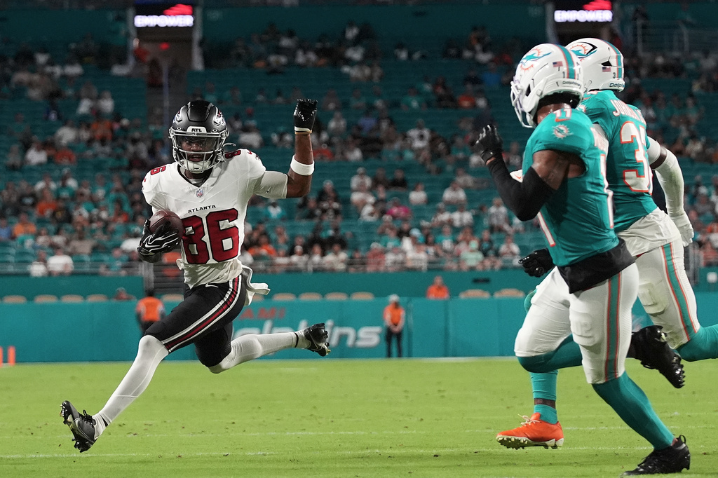 Atlanta Falcons wide receiver Vinny Anthony II (86) runs against the Miami Dolphins during the first half of an NFL preseason football game, Friday, Aug. 28, 2026, in Miami Gardens, Fla. (AP Photo/Lynne Sladky)
