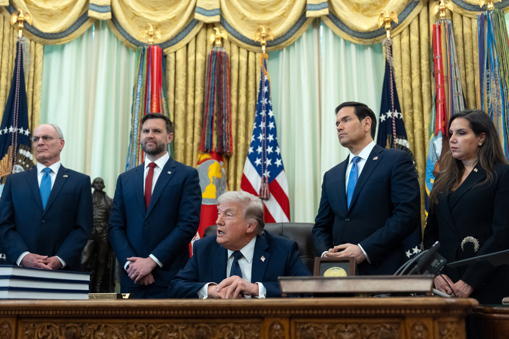 From left, Israeli Ambassador to the U.S. Yechiel Leiter, Vice President JD Vance, Secretary of State Marco Rubio, and Lebanese Ambassador to the U.S. Nada Hamadeh Moawad, listen to President Donald Trump speak in the Oval Office at the White House, Thursday, April 23, 2026, in Washington. (AP Photo/Mark Schiefelbein)