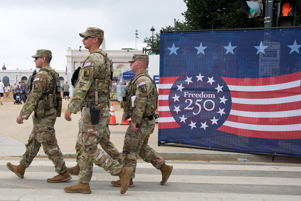 Soldiers from the Mississippi National Guard patrol along the Great American State Fair on the National Mall, Monday, July 6, 2026, in Washington. (AP Photo/Jacquelyn Martin)