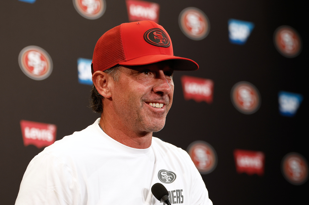 San Francisco 49ers head coach Kyle Shanahan speaks at a news conference after an NFL football game against the Miami Dolphins in Santa Clara, Calif., Sunday, Sept. 20, 2026. (AP Photo/Kelley L. Cox)