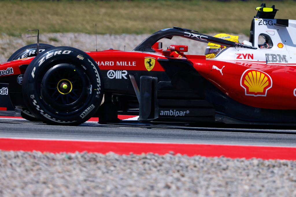 Ferrari driver Lewis Hamilton of Britain steers his car during the Spain F1 Grand Prix race at the Barcelona Catalunya racetrack in Montmelo, near Barcelona, Spain, Sunday, June 14, 2026. (AP Photo/Joan Monfort)
