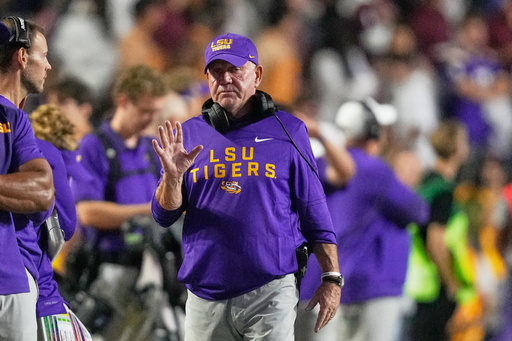 LSU head coach Brian Kelly walks on the sideline in the second half of an NCAA college football game against Texas A&M, Saturday, Oct. 25, 2025 in Baton Rouge, La. (AP Photo/Gerald Herbert) LSU head coach Brian Kelly walks on the sideline in the second half of an NCAA college football game against Texas A&M, Saturday, Oct. 25, 2025 in Baton Rouge, La. (AP Photo/Gerald Herbert)