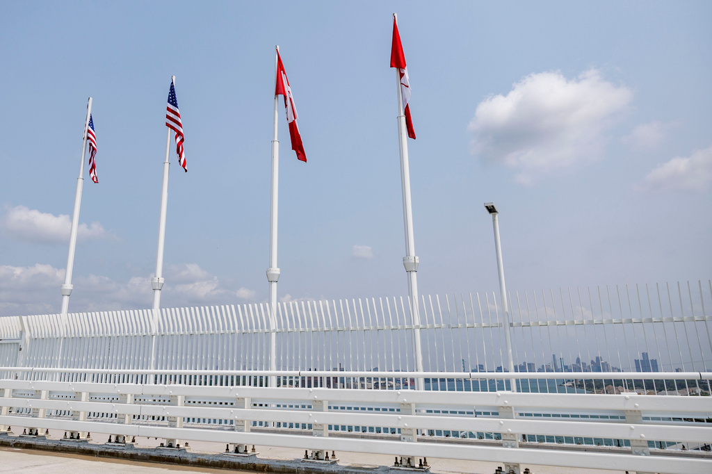 The Detroit skyline as seen from the Gordie Howe International Bridge between Detroit, Mich. and Windsor, Ontario on its opening day, Monday, July 27 2026. (Jacob Hamilton/Ann Arbor News via AP)