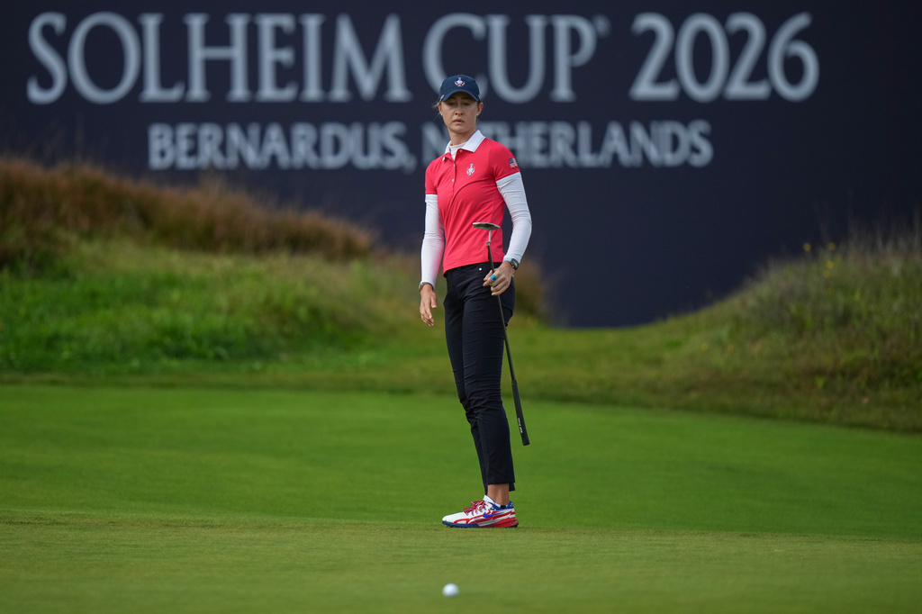Nelly Korda of the United States misses a putt on the 15th green during the final day of the Solheim Cup in Den Bosch, Netherlands, Sunday, Sept. 13, 2026. (AP Photo/Alastair Grant)