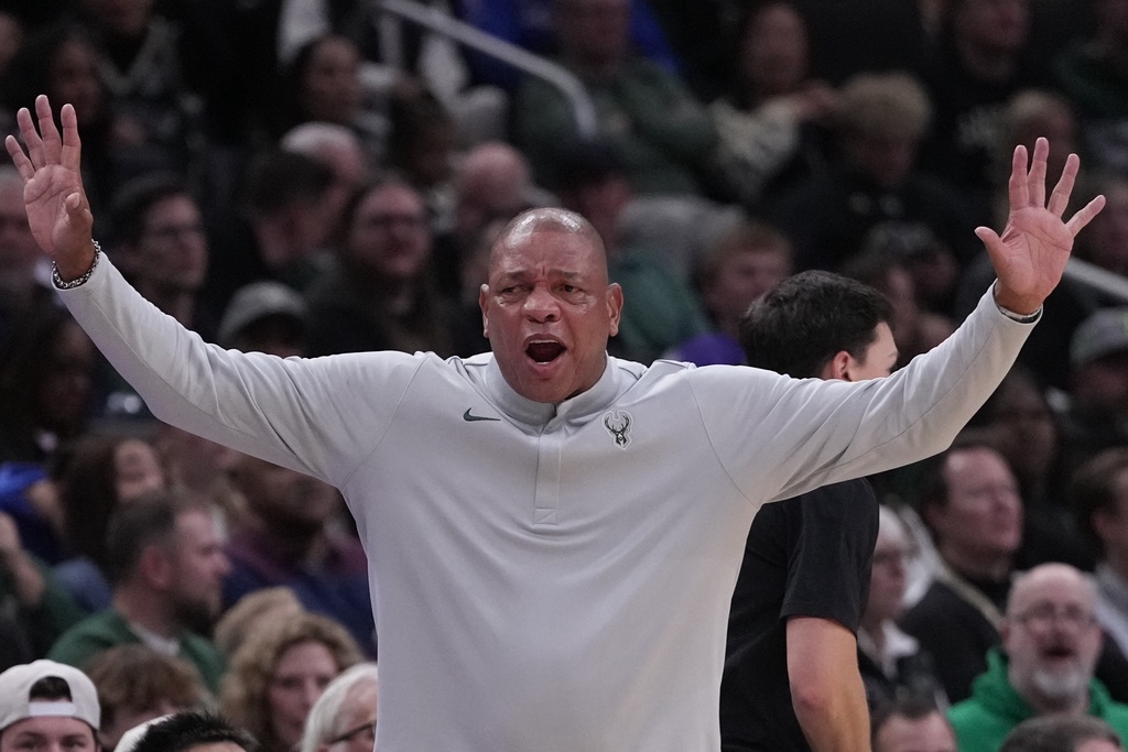Milwaukee Bucks head coach Doc Rivers reacts during the first half of an NBA basketball game Wednesday, Oct. 22, 2025, in Milwaukee. (AP Photo/Morry Gash)