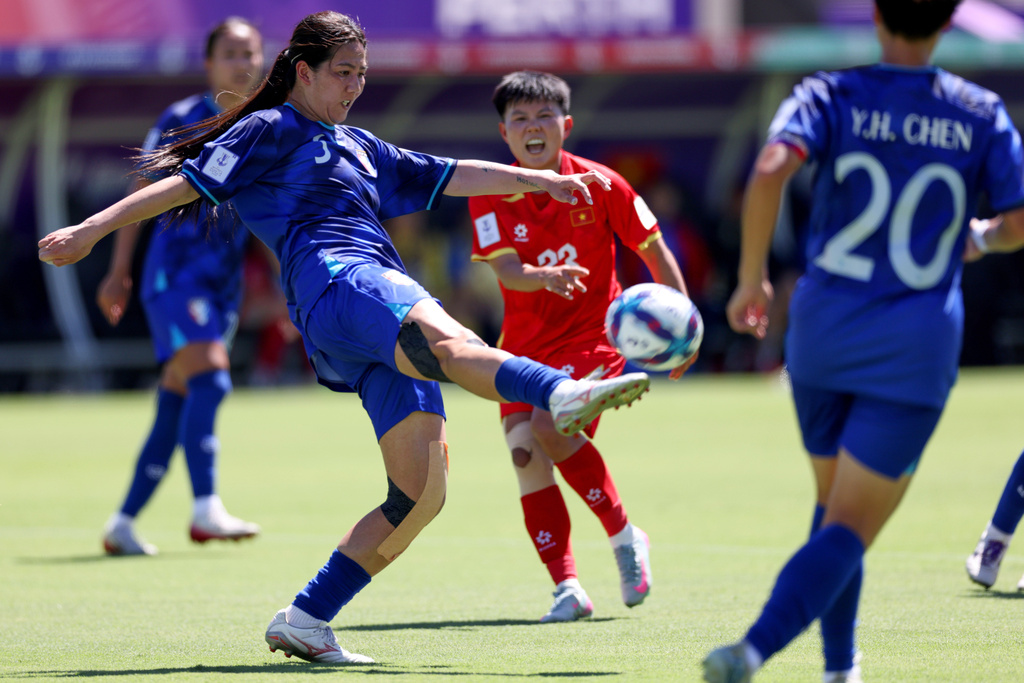 Taiwan's Su Sin-yun clears the ball during the Women's Asian Cup soccer match between Taiwan and Vietnam in Perth, Australia, Saturday, March 7, 2026. (Colin Murty/AAPImage via AP)