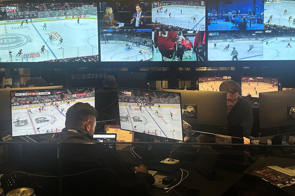 This image taken by a smartphone shows the NHL Player Safety room at league headquarters in New York on Tuesday, Oct 14, 2026. (AP Photo/Stephen Whyno)
