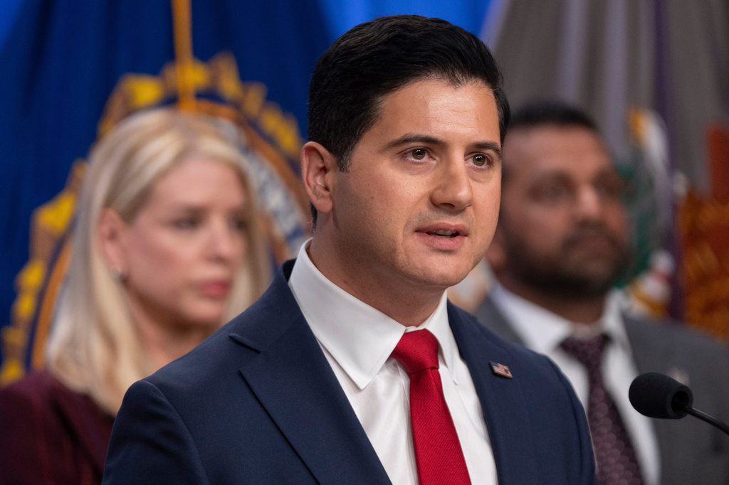 FILE - Bill Essayli, acting U.S. Attorney for the Central District of California, speaks with reporters during a news conference at the Department of Justice, Nov. 19, 2025, in Washington. (AP Photo/Mark Schiefelbein, file)