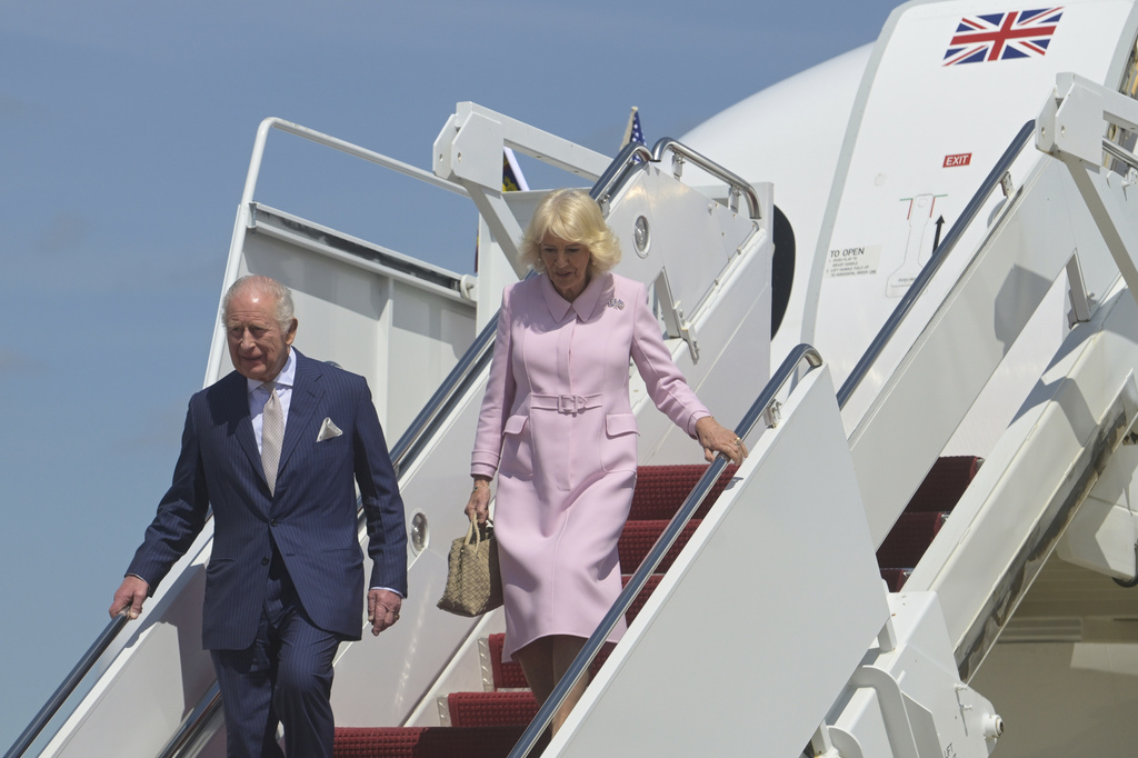 King Charles III and Queen Camilla arrive at Joint Base Andrews, Md., Monday, April 27, 2026. (AP Photo/Rod Lamkey, Jr.)