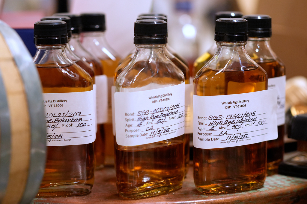 Sample whiskies are seen in the blending laboratory at the WhistlePig distillery Monday, April 6, 2026, in Shoreham, Vermont. (AP Photo/Robert F. Bukaty)