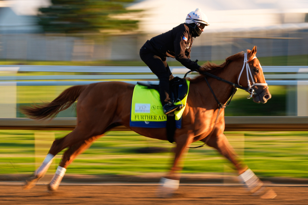 Kentucky Derby entrant Further Ado works out at Churchill Downs Thursday, April 30, 2026, in Louisville, Ky. (AP Photo/Charlie Riedel)