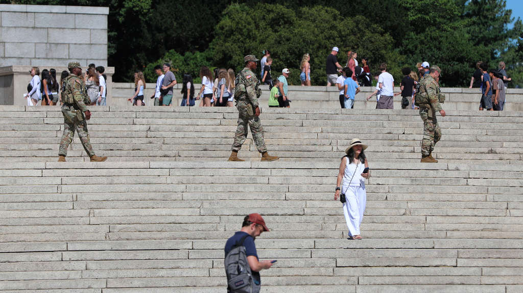 National guard on patrol at the Lincoln Memorial, Wednesday, June 24, 2026, in Washington. (AP Photo/Rahmat Gul)