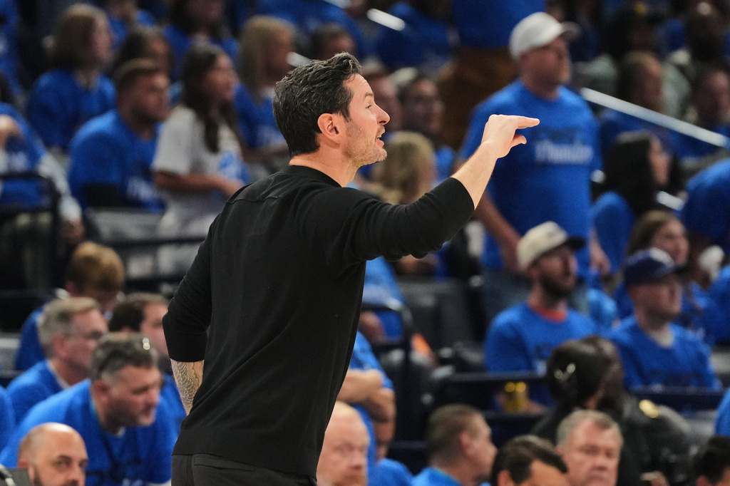 Los Angeles Lakers head coach JJ Redick reacts to play in the second half of Game 1 in a second-round NBA basketball playoffs series against the Oklahoma City Thunder Tuesday, May 5, 2026 in Oklahoma City. (AP Photo/Kyle Phillips)