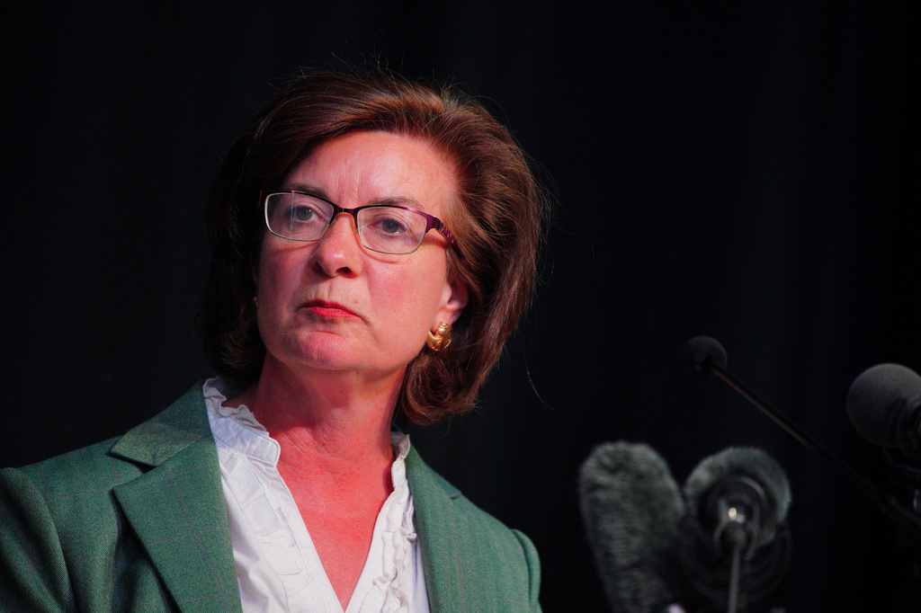 Eluned Morgan announces her resignation as leader of Welsh Labour at Ysgol Bro Teifi, in Ceredigion, Wales, Friday, May 8, 2026, after her party suffered heavy defeats. (Ben Birchall/PA via AP)