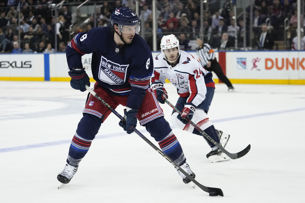 FILE - New York Rangers' J.T. Miller (8) drives past Washington Capitals' Connor McMichael (24) during the second period of an NHL hockey game Wednesday, March 5, 2025, in New York. (AP Photo/Frank Franklin II, File)