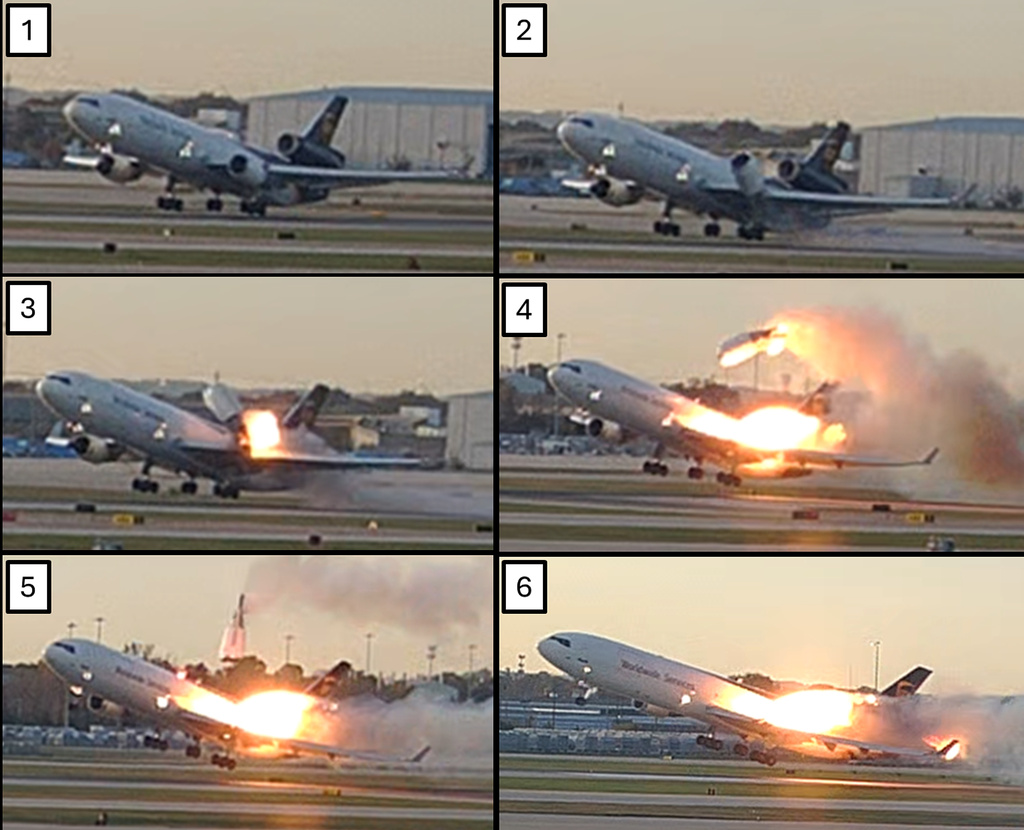This combination photo provided by the National Transportation Safety Board (NTSB) via UPS shows a sequence of framegrabs made from video where an engine is seen detaching from the plane's left wing upon takeoff at the Louisville International Airport in Louisville, Nov. 4, 2025. (UPS/NTSB via AP)